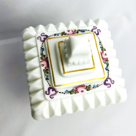 Westmoreland Milk Glass Hand-Painted Wedding Box Compote Roses & Bows 8” - Picture 6 of 12